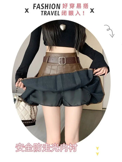 Women’s Pleated PU Mini Skirt with Belt – High-Waist, A-Line