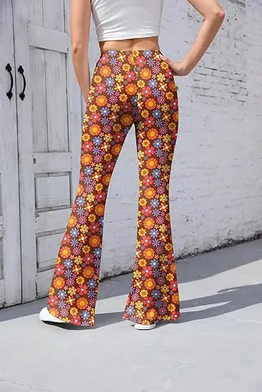 Women’s 70s Floral Bell Bottom Pants – High – Waist Flare Trousers – Orange-daisy – S