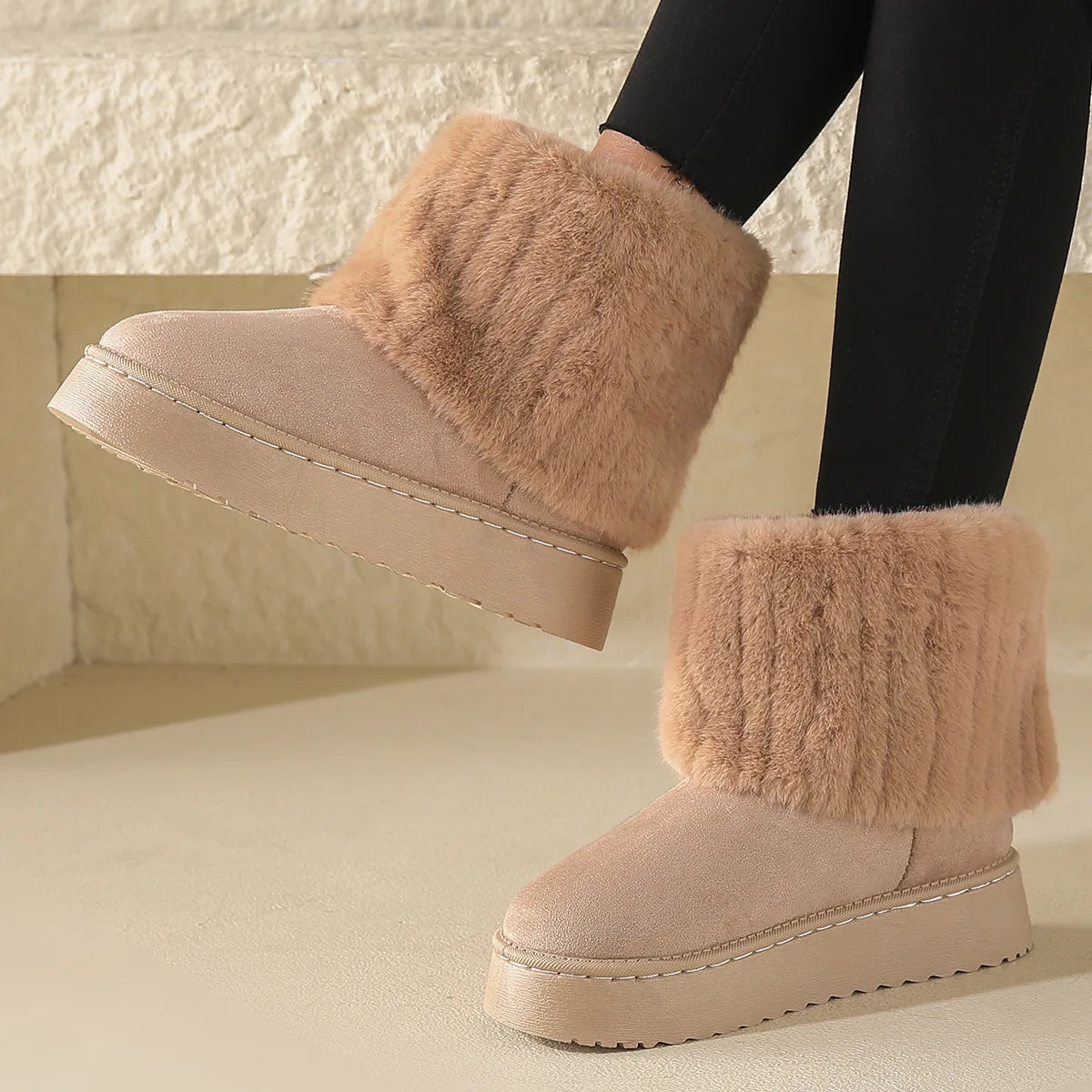 Women’s Faux Fur Slip – on Winter Boots – Warm Plush Mid – Heel Comfort – Off White – 39