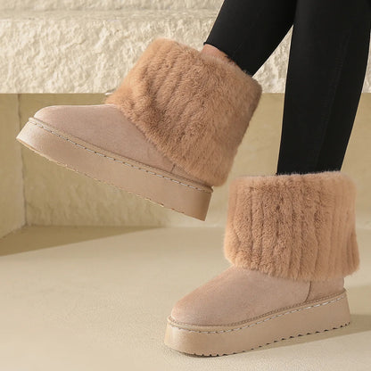 Women’s Faux Fur Slip – on Winter Boots – Warm Plush Mid – Heel Comfort – Off White – 39