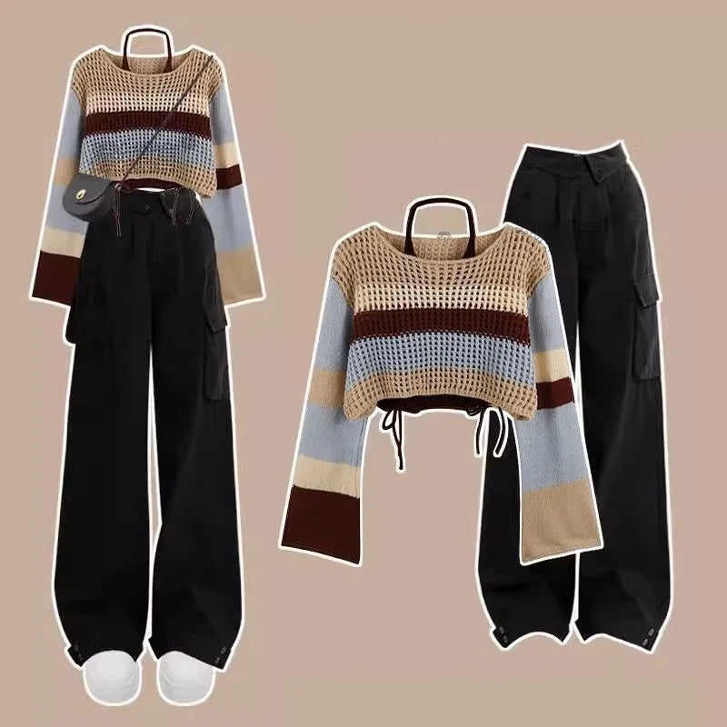 Striped Knit Sweater & Cargo Pants Set – Hollow Crop Pullover + High-Waist Trousers