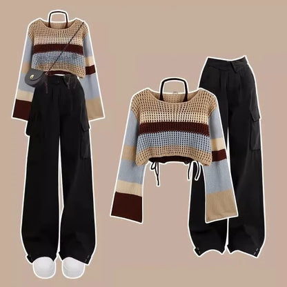 Striped Knit Sweater & Cargo Pants Set – Hollow Crop Pullover + High-Waist Trousers