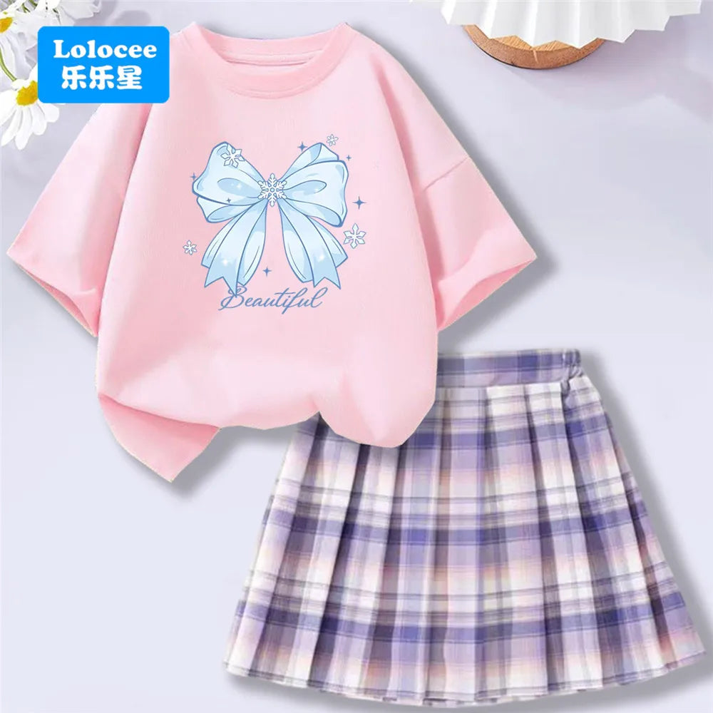 Girls’ T-Shirt & Plaid Skirt Set – 2 Piece Outfit