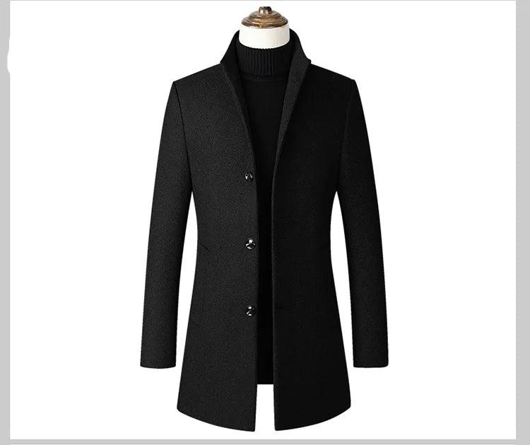 Men’s Wool-Blend Winter Overcoat – Stand Collar, Slim Long Coat