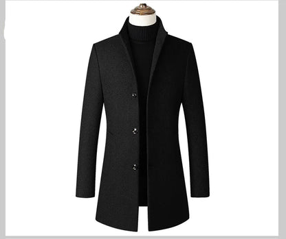 Men’s Wool-Blend Winter Overcoat – Stand Collar, Slim Long Coat