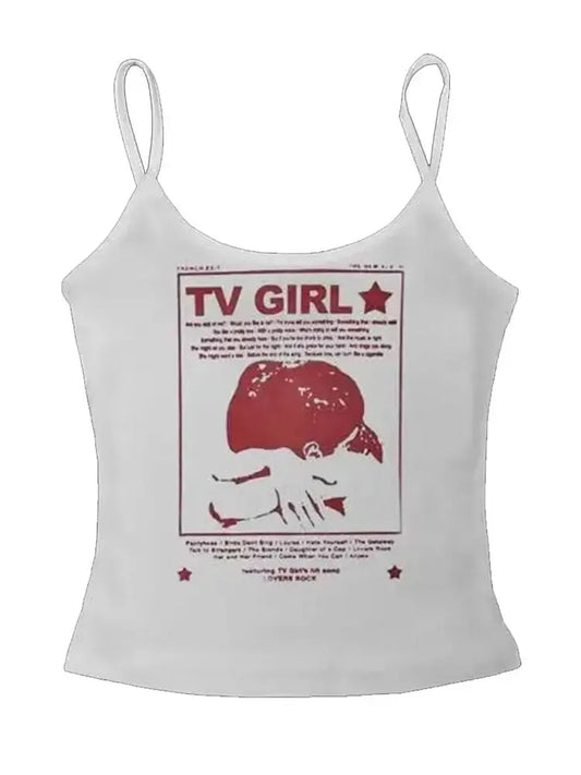 Women’s Y2K retro graphic tank top with red print and cropped fit