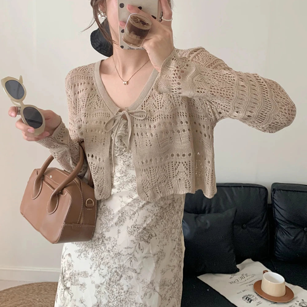 Women’s & Teens’ Crochet Tie-Front Shrug – Cropped Long Sleeve