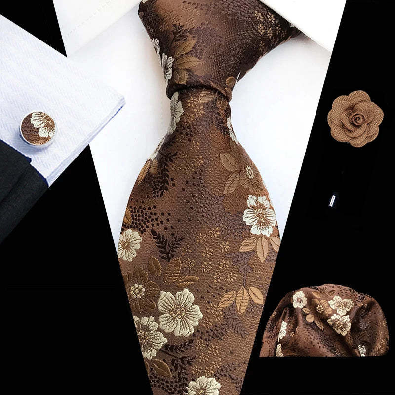 Men’s Floral Necktie Set – Tie, Pocket Square & Cufflinks