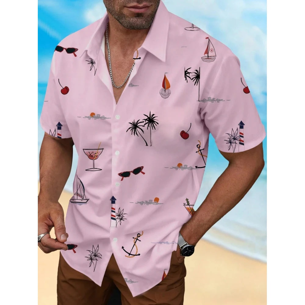 Men’s Palm Tree Print Button-Down Shirt – Short Sleeve Beach & Cruise Casual