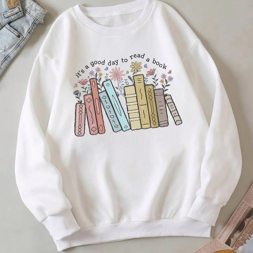 Women's "good Day to Read a Book" Sweatshirt – Cozy Reader Pullover – White – L