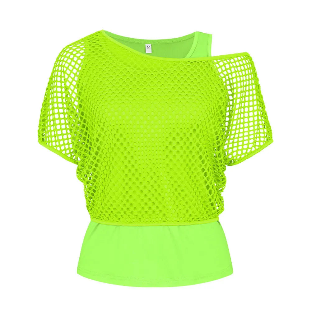 Women’s 80s Neon Mesh Top and Gloves Set – Retro Party Costume – Neon Green Set – L