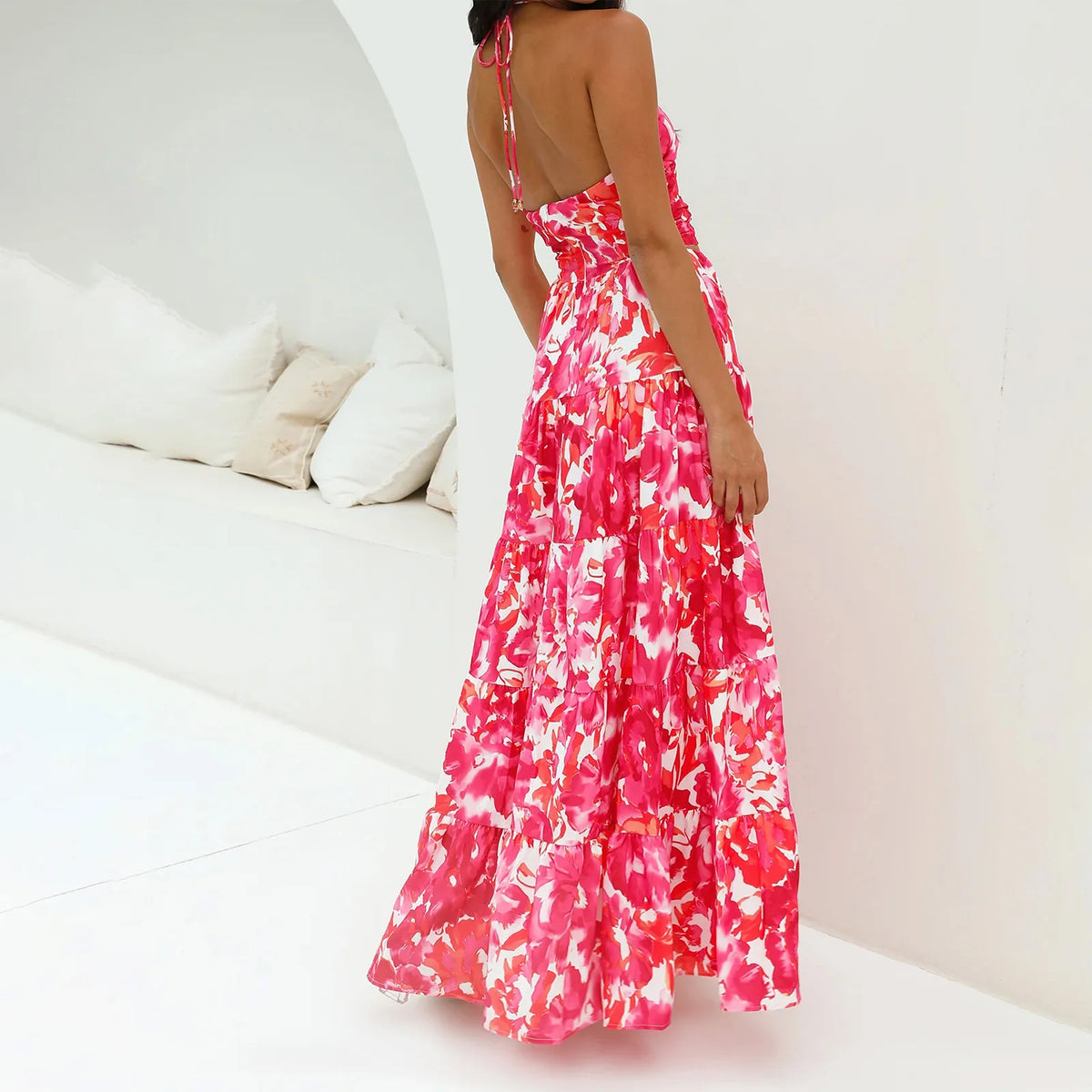 Floral Halter Backless Maxi Dress