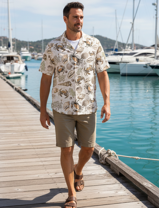 Man walking on a dock by the water wearing a patterned shirt and shorts.