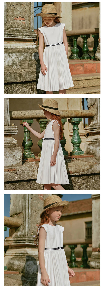 Girls White Pleated Party Dress – Sleeveless A-Line Dress