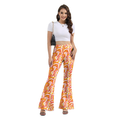 Women’s 70s Floral Bell Bottom Pants – High – Waist Flare Trousers – Brown-peace – L