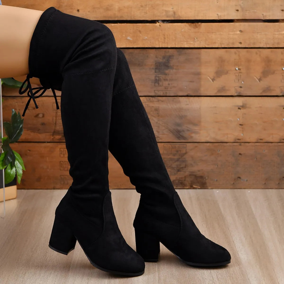 Women’s black over-the-knee boots — faux suede finish