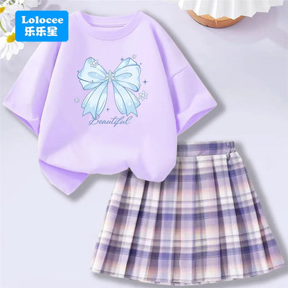 Girls’ T-Shirt & Plaid Skirt Set – 2 Piece Outfit