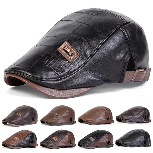 Black leather cap with brown accents on a white background