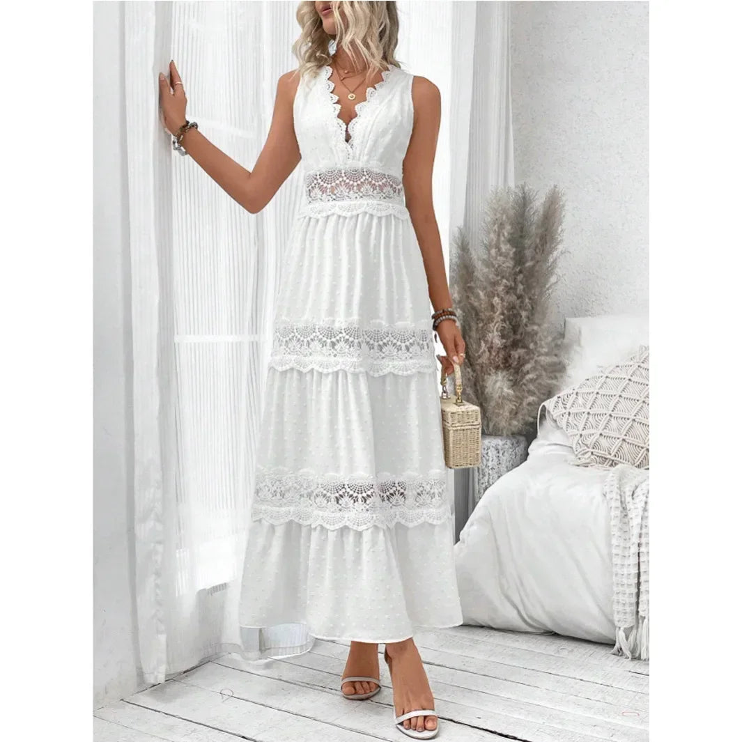 Women’s Lace V-Neck Maxi Dress – High Waist, Ankle Length