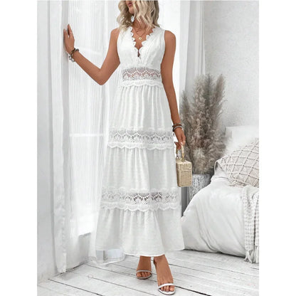 Women’s Lace V-Neck Maxi Dress – High Waist, Ankle Length