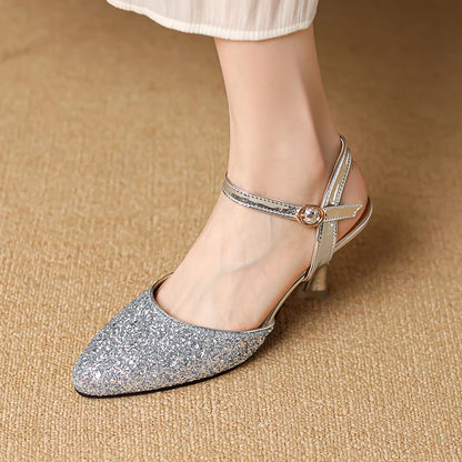 Women's Glitter Closed-Toe Kitten Heels with Ankle Strap