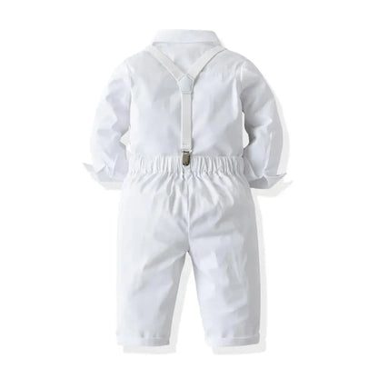 Boys White Formal Outfit Set – Shirt, Bow Tie & Suspenders