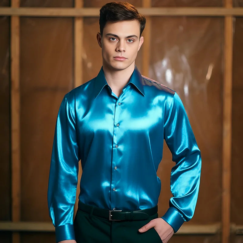 Men’s Satin Dress Shirt – Long Sleeve Formal Button Down