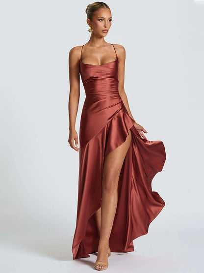 Women’s Satin Spaghetti Strap Maxi Dress – Ruffle Thigh Split, Backless