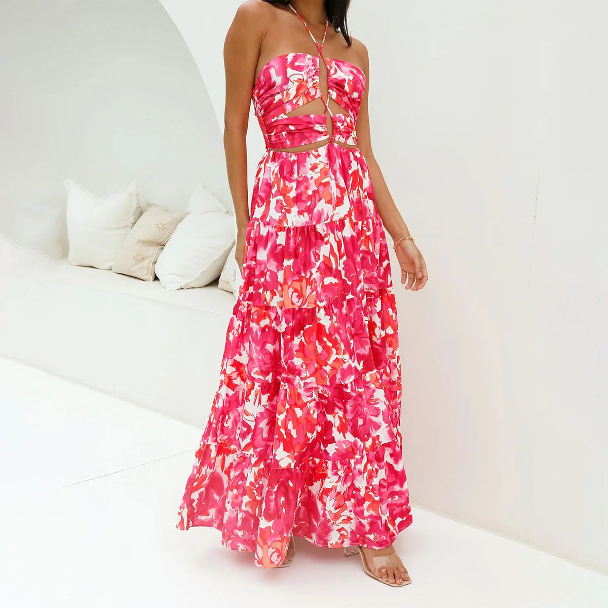 Floral Halter Backless Maxi Dress