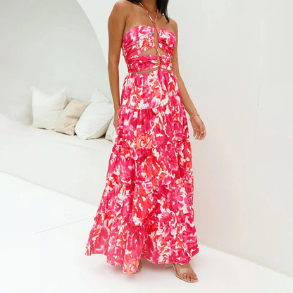 Floral Halter Backless Maxi Dress