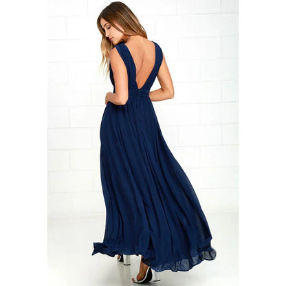 Backless Deep-V Chiffon Maxi Dress – Flowy Slit Evening Gown
