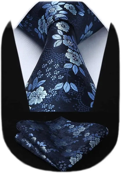 Men’s Floral Necktie Set – Tie, Pocket Square & Cufflinks