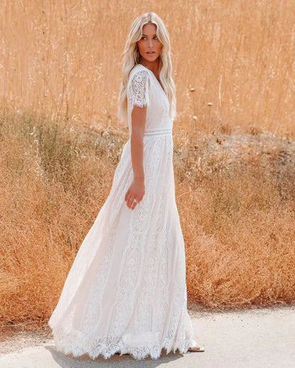 Women’s Embroidered Lace Maxi Dress – Elegant White Boho Beach Style