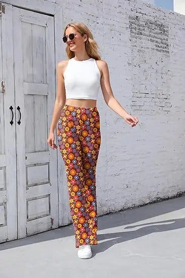 Women’s 70s Floral Bell Bottom Pants – High – Waist Flare Trousers – Orange-daisy – XL