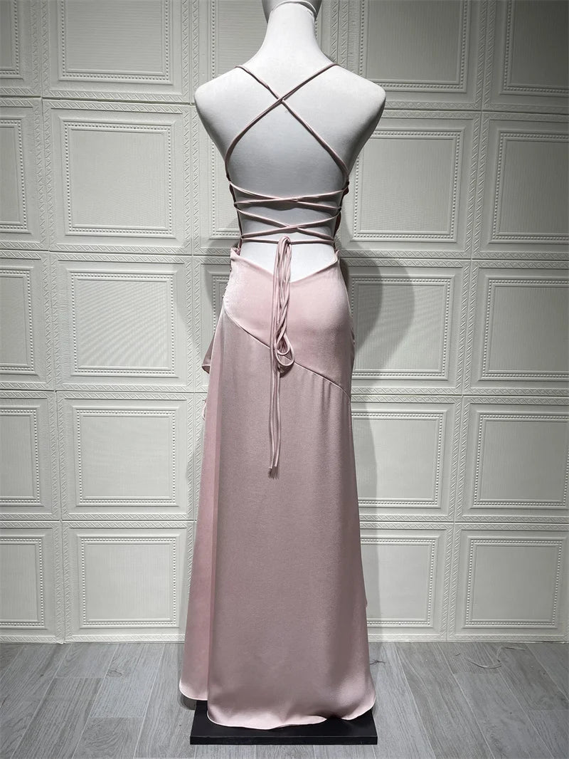 Women’s Satin Spaghetti Strap Maxi Dress – Ruffle Thigh Split, Backless