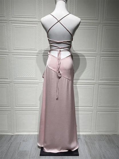 Women’s Satin Spaghetti Strap Maxi Dress – Ruffle Thigh Split, Backless