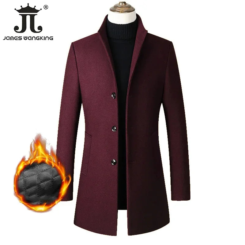 Men’s Wool-Blend Winter Overcoat – Stand Collar, Slim Long Coat
