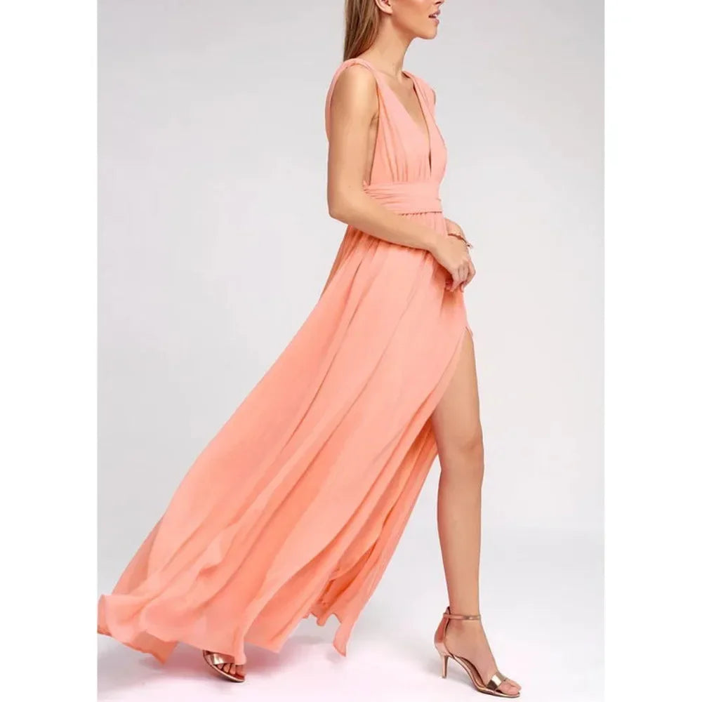 Backless Deep-V Chiffon Maxi Dress – Flowy Slit Evening Gown