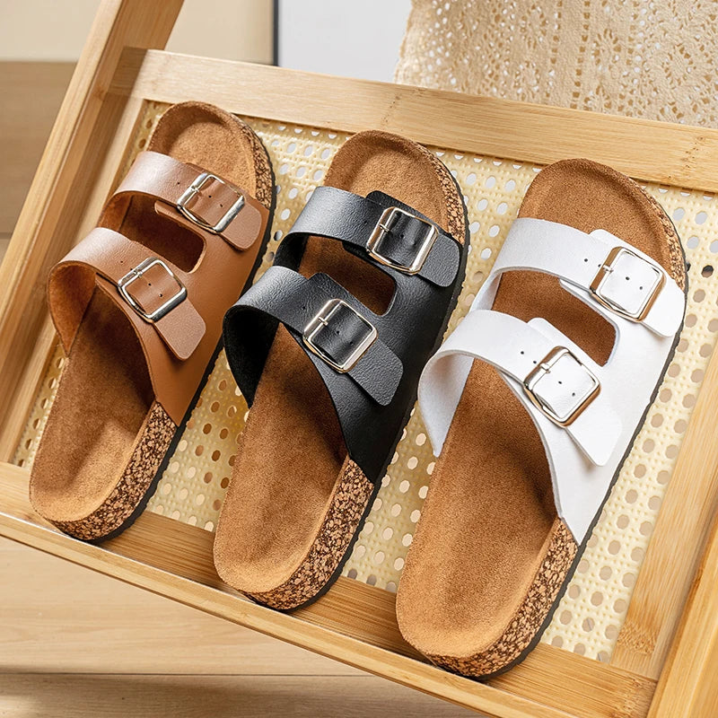 Men’s Double – Buckle Cork Slides – Comfortable Summer Sandals – White – 45
