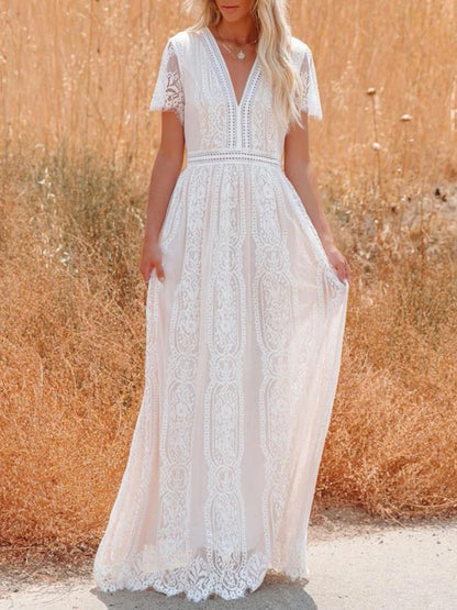 Women’s Embroidered Lace Maxi Dress – Elegant White Boho Beach Style