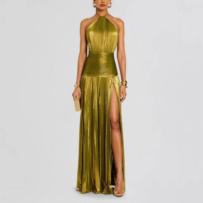 Women’s Halter Evening Gown – Floor-Length, High-Slit Elegance