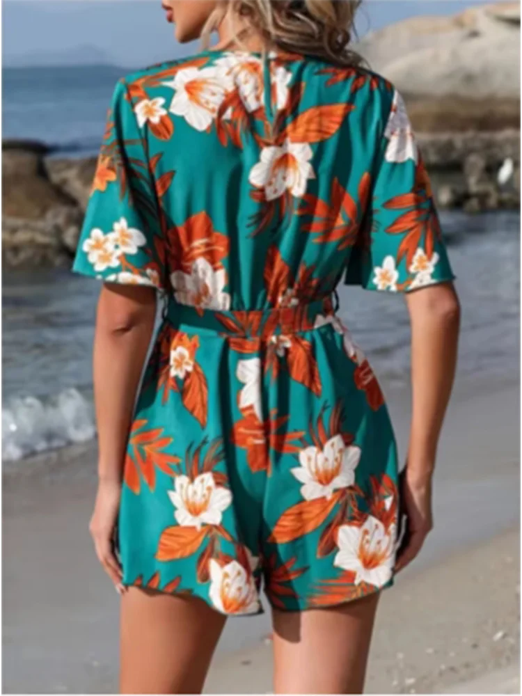 Women’s V-Neck Short-Sleeve Printed Romper – Lightweight, Beach-Ready