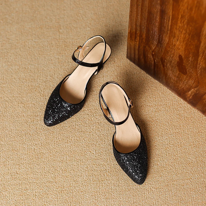 Women's Glitter Closed-Toe Kitten Heels with Ankle Strap
