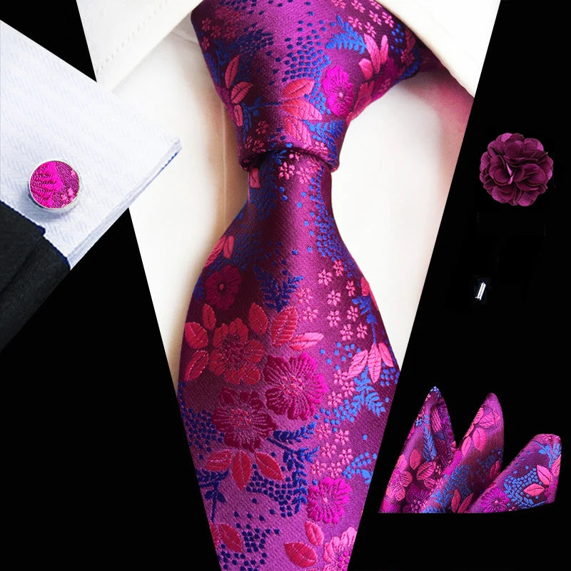 Men’s Floral Necktie Set – Tie, Pocket Square & Cufflinks