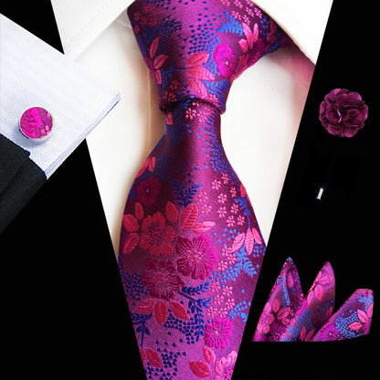 Men’s Floral Necktie Set – Tie, Pocket Square & Cufflinks