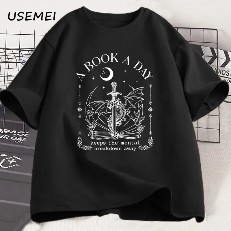 Unisex Graphic Cotton Tee – “A Book a Day” Fantasy Reader Shirt - The Dock Drop