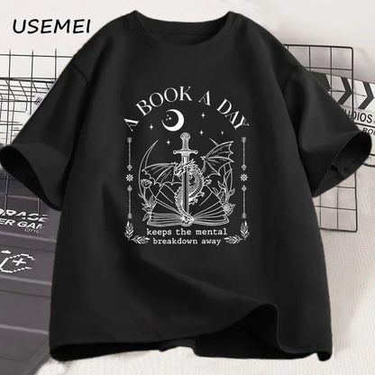 Unisex Graphic Cotton Tee – “A Book a Day” Fantasy Reader Shirt - The Dock Drop