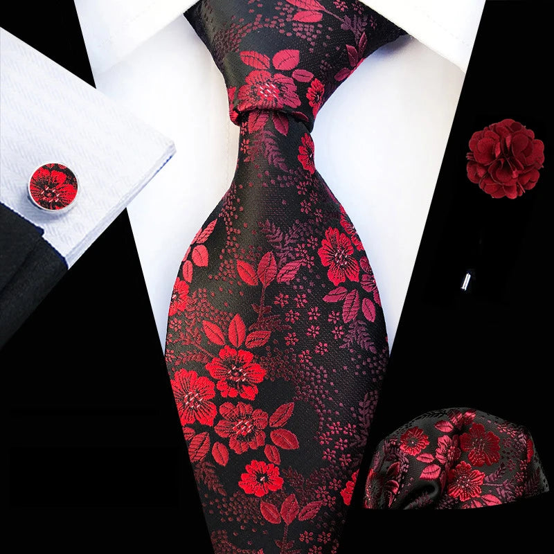 Men’s Floral Necktie Set – Tie, Pocket Square & Cufflinks