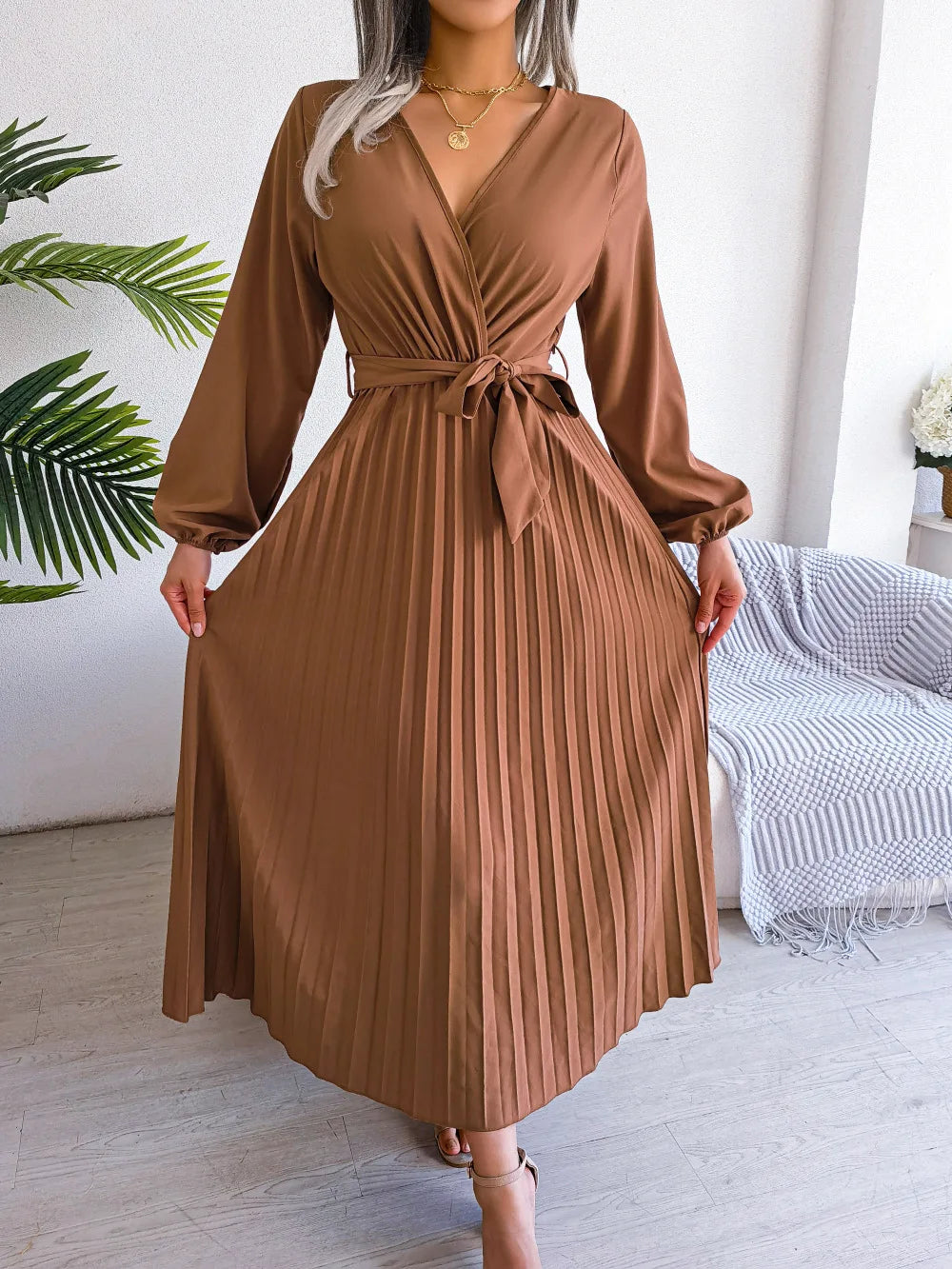 Women’s Pleated V-Neck Maxi Dress – Long Sleeve, Belted Waist
