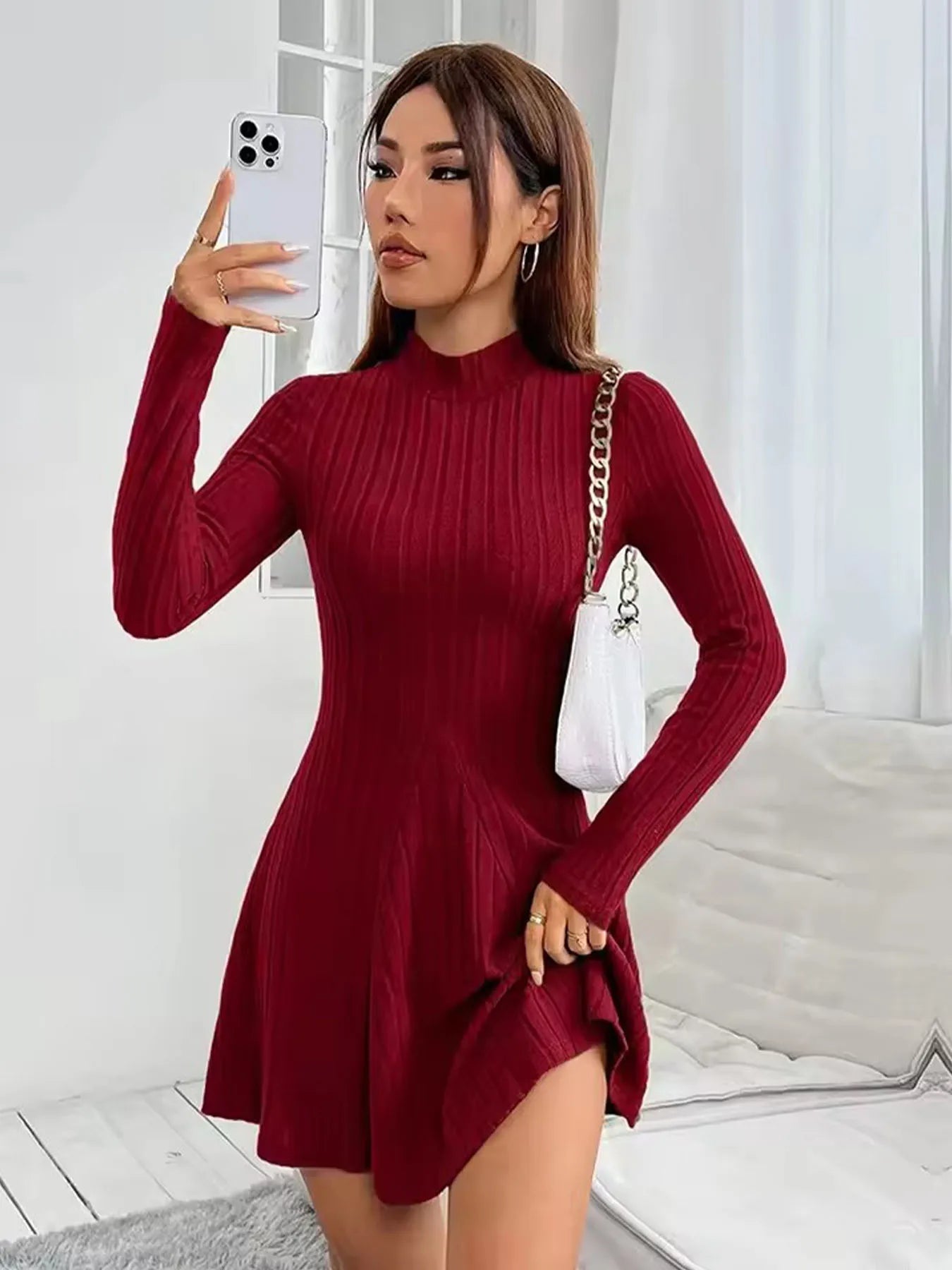 Women’s Ribbed A-Line Knit Mini Dress – Long Sleeve, Mock Neck, Slim Fit